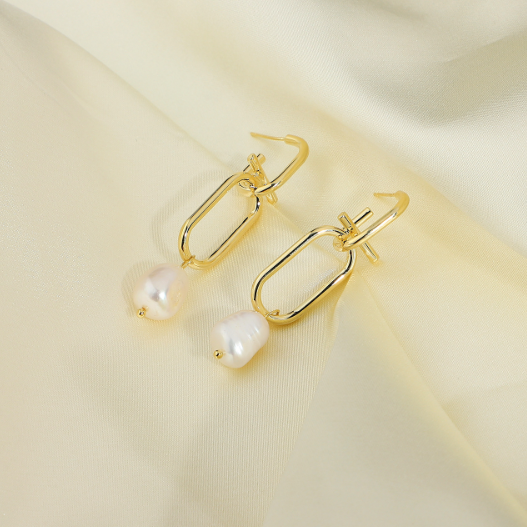 Baroque Freshwater Pearl Earrings Unique Brass Chain Pendant