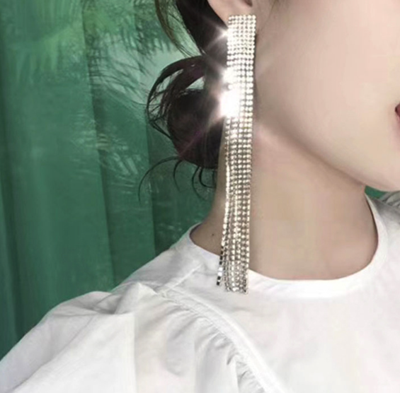 Long Rhinestone Korean Style Net Celebrity Earrings